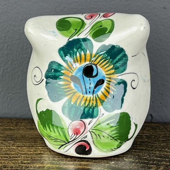 Vintage Pottery Mexican Owl Handmade Handpainted Signed 2" x 2.5" Floral Design - Picture 3 of 9